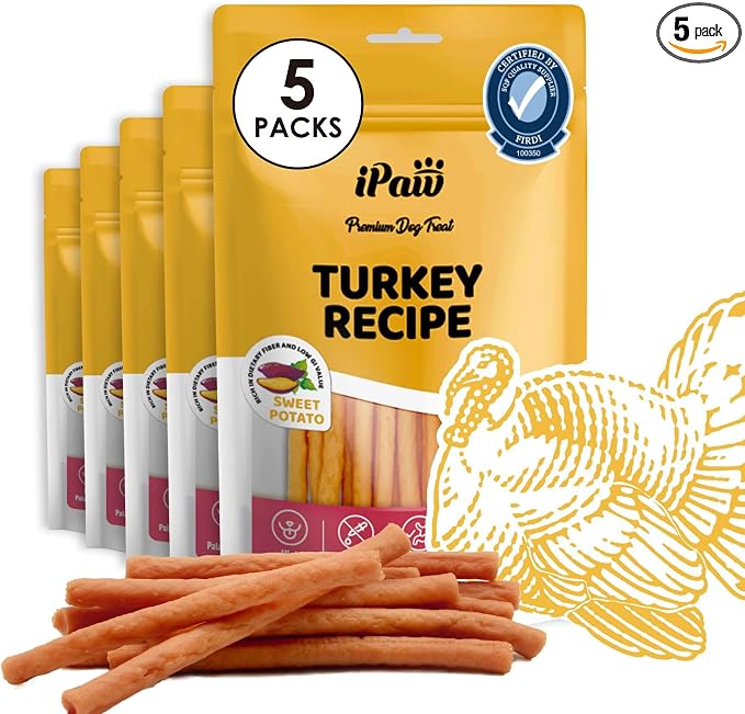 iPaw 5 Stock-Up Combo Turkey Dog Treats, SQF Certified Human Grade Dog Treat, Suitable for Training Chew, Hypoallergenic, Rawhide Alternative, Thin Stick (Sweet Potato), 5 Packs