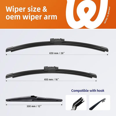 26"+16" Windshield Wiper Blades with 12" Rear Wiper Replacement for Lexus NX200t 2015 2016 2017/NX300 2018 2019 2020 2021/NX300h 2015-2021-OEM Quality All-Weather Top Lock Wipers(Set of 3)