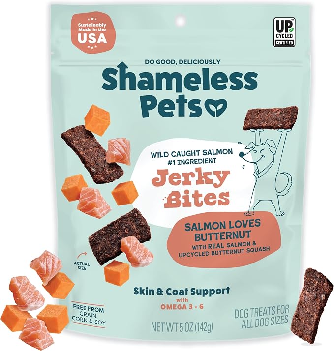 Jerky Dog Treats, Salmon Loves Butternut - Healthy Dog Chews for Dogs Skin & Coat with Omega 3 & 6 - with Real Wild-Caught Salmon - Free from Grain, Corn & Soy - 1-Pack