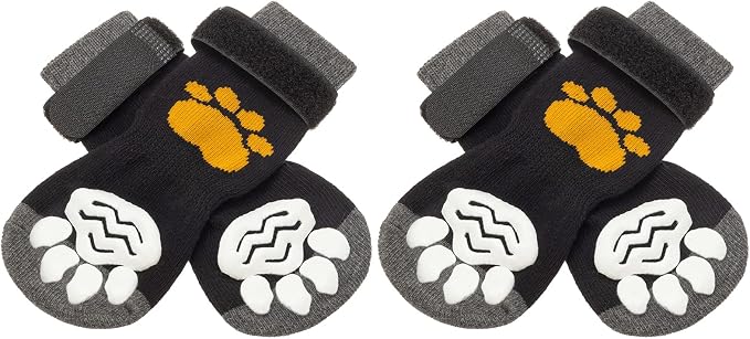 PUPTECK Anti-Slip Dog Socks with Double Sides Grips for Small Medium Large Dogs Hardwood Floors Prevents Licking, Dog Shoes for Hot Pavement Traction Control Paw Protector for Senior Dogs,Golden Paw S