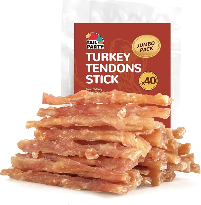 Turkey Tendons for Dogs (Strip, 1 lb), All Natural Dental Chews, Rawhide Alternative, Long-Lasting Training-Reward Treats for Health-Conscious Pet Owners(40 /Pack)