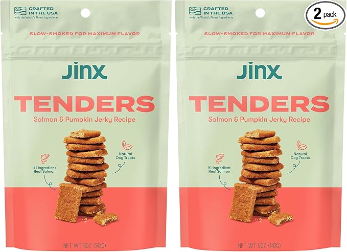 Tenders Salmon Jerky Dog Treats, All-Natural Ingredients, Soft and Chewy, Low-Calorie, Slow-Smoked Salmon & Pumpkin, No Fillers, 5oz (Pack of 2)