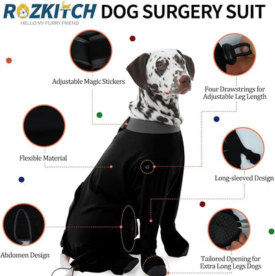 ROZKITCH Dog Recovery Suit for Abdominal Wounds & Post-Surgery, Full Coverage Bodysuit, Anti-Licking Shedding & Wound Protection, E-Collar Alternative for Extra Large Dogs Black 4XL