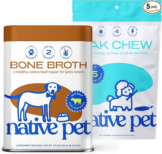 Native Pet Beef Bone Broth for Dogs (4.75 oz) & 5 Small Yak Chews for Dogs - Bone Broth Powder Food Topper and All Natural Dental Chew Made with Yak Cheese for Aggressive Chewers