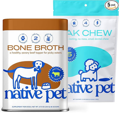 Native Pet Beef Bone Broth for Dogs (4.75 oz) & 5 Small Yak Chews for Dogs - Bone Broth Powder Food Topper and All Natural Dental Chew Made with Yak Cheese for Aggressive Chewers