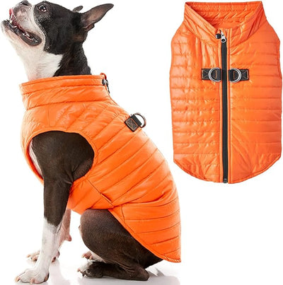 Gooby Puffer Vest Dog Jacket - Orange, Medium - Ultra Thin Zip Up Wind Breaker with Dual D Ring Leash Water Resistant for Small to Medium Dogs