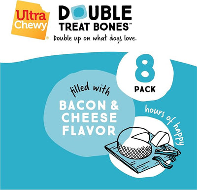 Ultra Chewy Double Treat Bones: Long-Lasting Dog Treats Made in USA for Large and Small Breeds, Highly Digestible, Ideal for Aggressive Chewers (Bacon & Cheese, 2 Value Packs)
