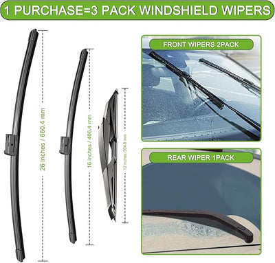 PARRATI® Windshield Wiper Blades for Subaru Impreza 2017-2023, 3 Pack | 26/16 Inch Front +12 Inch Rear, OEM Replacement, Ultra Quiet, No Streaks All Weather Wiping