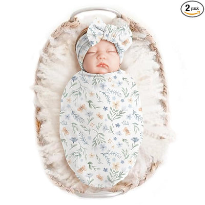 Konssy Baby Girl Newborn Receiving Blanket with Headband Set Baby Swaddle Nursery Swaddle Wrap