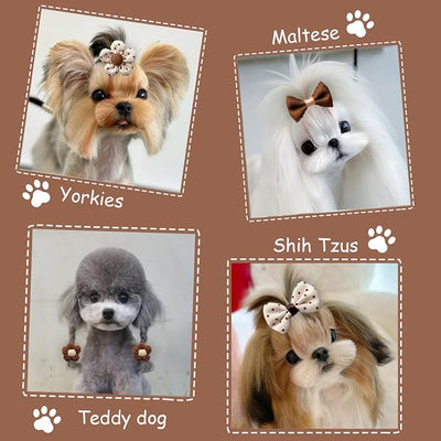 20 Pcs Small Dog Hair Bows with Rubber Bands Handmade Puppy Hair Bows Cute Grooming Flower Ball Bowknot Top Knot Dog Hair Accessories Hair Ties for Yorkie Maltese Pet (Brown)