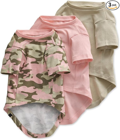 Pet Passion Toby II - The Perfect Tee, 3 Pack Short Sleeve Pet T-Shirt 100% Organic Cotton Tees Clothes for Small, Medium, Large Dogs, Pink Camo, X-Small (5-12 lbs)
