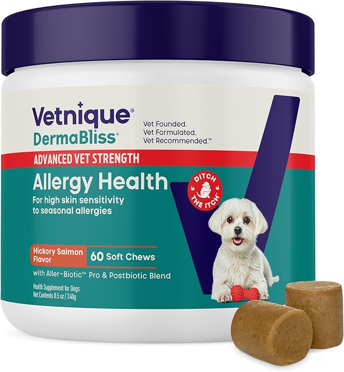 Dermabliss Dog Allergy Chews Advanced Strength for Itch & Skin Relief, Anti-Itch Supplement with Aller-Biotic Pro, Quercetin, Wellmune & Omega 3 (60ct, Advanced Strength Chews)