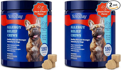 Dog Allergy Relief Chews – 180 Soft Chews, Duck & Pear Flavor - Immune Support & Itch Relief with Colostrum, Astragalus Root, 6-Strain Gut Health Blend, 2 Pack