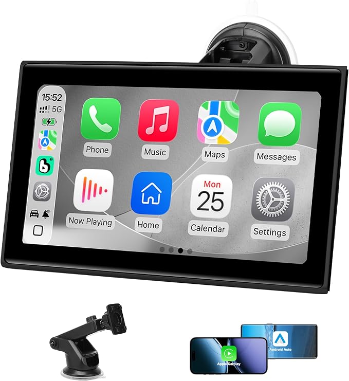 Carplay Screen for Car，7" Portable Wireless Carplay & Android Auto - HD Touchscreen Car Play with Bluetooth, Mirror Link, Live Map,Voice Control, FM Transmit (Black)