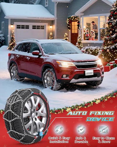 Snow-Chains Auto Fixing 1 Min Quick Fit Easy Installation Tire-Chains, Gifts for Safety, Portable Reusable Universal Emergency Tire Traction Chain for Passenger Car and SUV - Set of 2 (XM-140)