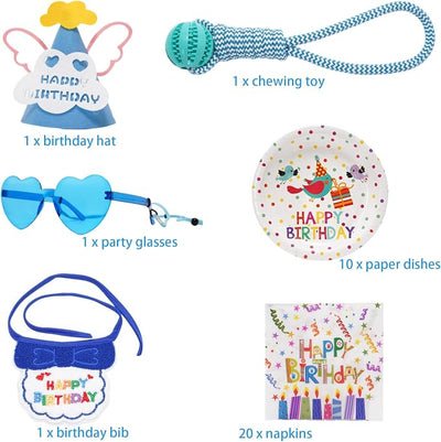 Pet Birthday Outfit for Boy Dog & Cat, 34PCS Puppy Birthday Party Costume with Blue Birthday Hat, Heart Sunglasses & Bandana Bib, Cute Birthday Supplies for Dog Boy Party