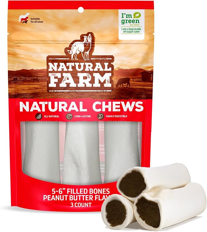 Peanut Butter Flavor Filled Dog Bones (5-6 Inch, 3 Pack), Limited Ingredient Stuffed Dental Dog Bone Treats for Small, Medium and Large Dogs
