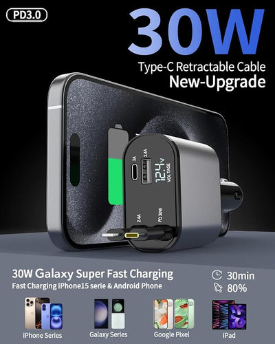 84W Retractable Car Charger,Car Phone Charger USB C Fast Charge for iPhone | EloBeth Car Charger,Cigarette Lighter USB Charger Car Accessories,Road Trip Essentials Gift for Men,for iPhone 17/16,Galaxy