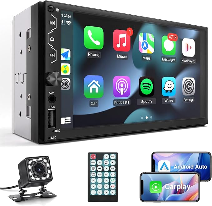Double Din Car Stereo with Apple Carplay and Android Auto, 7 Inch Full HD Touchscreen Car Radio Bluetooth, Car Stereo with Backup Camera, Support Mirror Link/Steering Wheel/USB/AUX/Subwoofer