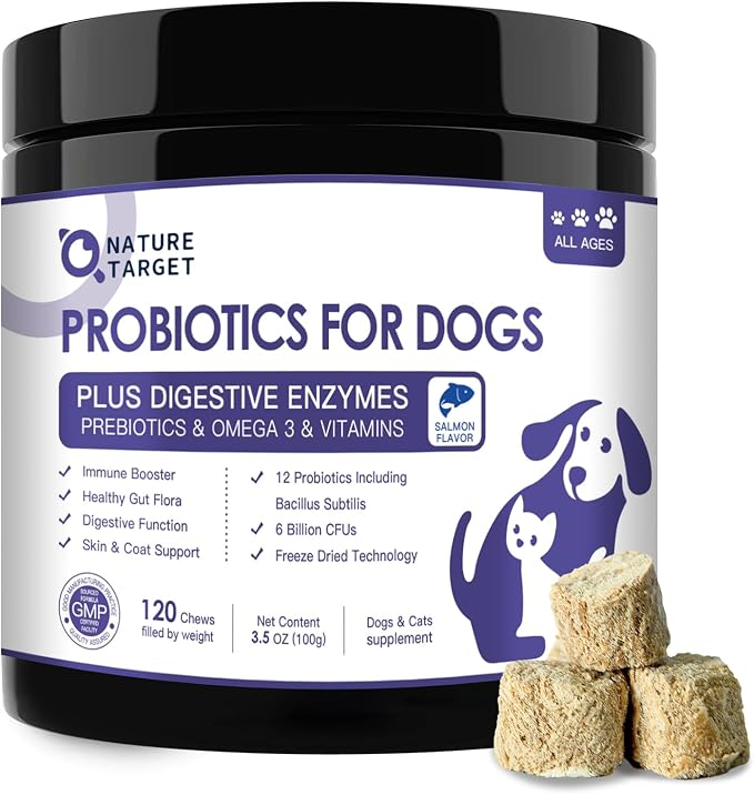 Probiotics for Dogs, 6 Billion CFUs Dog Probiotics for Digestive Health with Prebiotic and Digestive Enzymes, Rich in Omega 3 and Vitamins for Skin & Coat, Salmon-Flavored - 120 Counts