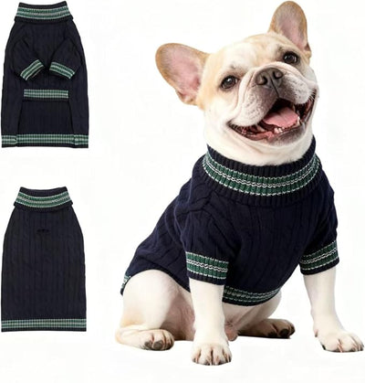 Small/Medium Dog Sweater, Warm Dog Winter Coat w/Sleeves, Comfortable High Neck & Leash Hole, Premium Dog Clothes for Bulldog-Best for Holidays, Daily Walks L Blue