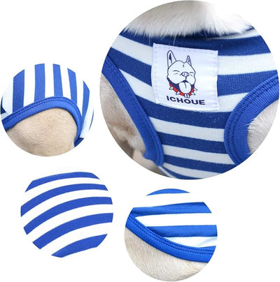 iChoue French Bulldog 100% Breathable Cotton Striped T Shirts Halloween Vest Clothes for Medium Dogs Tank Tops Frenchie Pug English Boston Terrier Pitbull White Blue Stripes - Large