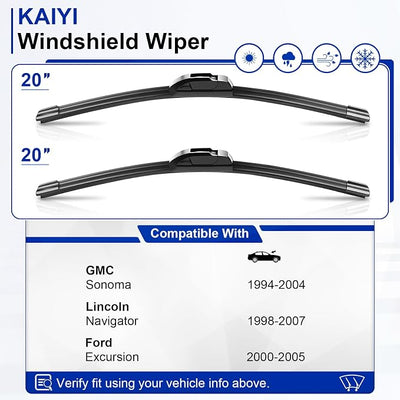 KAIYI 20" + 20" Windshield Wipers Compatible with GMC Sonoma 1994-2004,Lincoln Navigator 1998-2007,Ford Excursion 2000-2005 Premium Automotive Replacement Windshield Wiper Blades 2 Pack