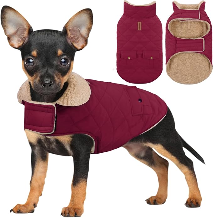 Winter Coat for Medium Dogs, Dog Plaid Jacket, Pets Coat for Cold Weather, Windproof Warm Garments, Pet Thickened Outfits Indoor Outdoor, Burgundy M