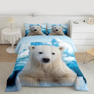 Erosebridal Polar Bear Comforter Set, Iceberg Pattern Duvet Sets Queen Size for Kids Boys Girls Teens Adult, Arctic Scenery Bedding Set, Cute Animal Quilted Duvet Bedroom Decor, Blue White