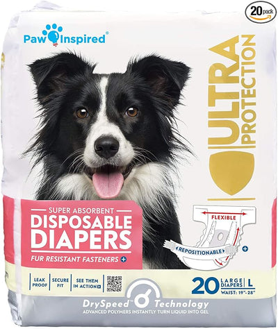 Paw Inspired 20ct Disposable Dog Diapers | Female Dog Diapers Ultra Protection | Diapers for Dogs in Heat, Excitable Urination, or Incontinence (Large)
