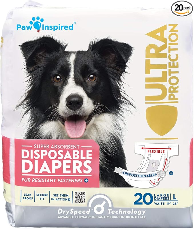 Paw Inspired 20ct Disposable Dog Diapers | Female Dog Diapers Ultra Protection | Diapers for Dogs in Heat, Excitable Urination, or Incontinence (Large)