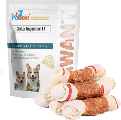 Chicken Wrapped Rawhide Bones Dog Treats, 6.5 Inch Large Knots for Medium and Large Dogs, High Protein 65% Long Lasting Dog Chews, 32 Ounces