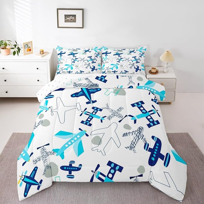 Erosebridal Kids Airplane Comforter Set, Aircraft Pattern Down Comforter Full Size Aviation Theme Cartoon Bedding Set for Boys Girls Teens Adult, Teal Blue Airplanes Duvet Sets with 2 Pillow Cases
