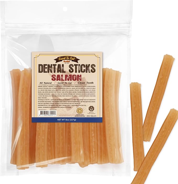 Dental Sticks for Dogs, Salmon Dental Treats, Teeth Cleaning Chews for Fresh Breath, Helps Remove Tartar, Grain Free, Omega-3 for Skin and Coat Support, Hexagon, 8oz