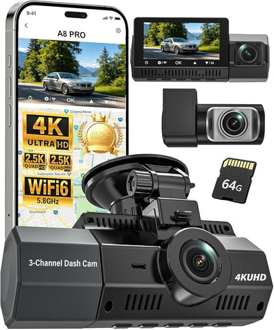 4K+2.5K+2.5K Dash Cam, STARVIS 2 Dash Camera 3-Channel, Free 64GB Card, Dashcam with 5G WiFi GPS, G-Sensor,Loop Recording, HDR, 24H Parking Monitor, Car Dash Cam for Rideshare & Taxi