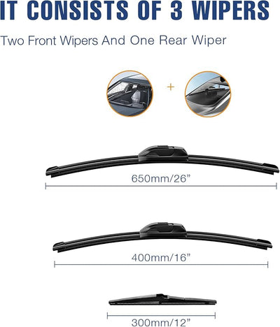 ICEXSNOW® Silicone Windshield Wiper Blades Replacement for Toyota Rav4 2023-2019 Mazda 5 2015-2006 Original Automotive Replacement Windshield Wiper Blades(26"+16"+12" Front Rear Wiper Blade Set)
