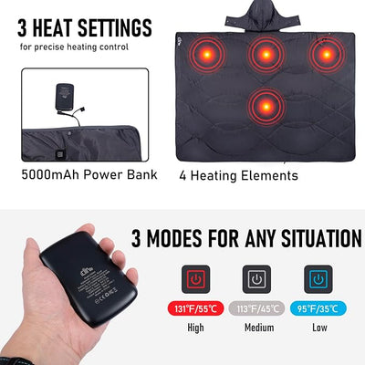 iClimb Heated Camping Blanket with Hood and 5V 5000mAH Battery Pack (Khaki)