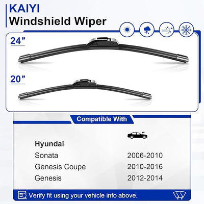 KAIYI 24" + 20" Windshield Wipers Compatible with Hyundai Sonata 2006-2010,Genesis Coupe 2010-2016,Genesis 2012-2014 Premium Automotive Replacement Windshield Wiper Blades 2 Pack