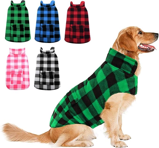 Dog Winter Coat, Fleece Doggie Jacket Plaid Reversible Vest Waterproof Windproof Cold Weather Clothes for Small Medium Large Dogs (L, Green)