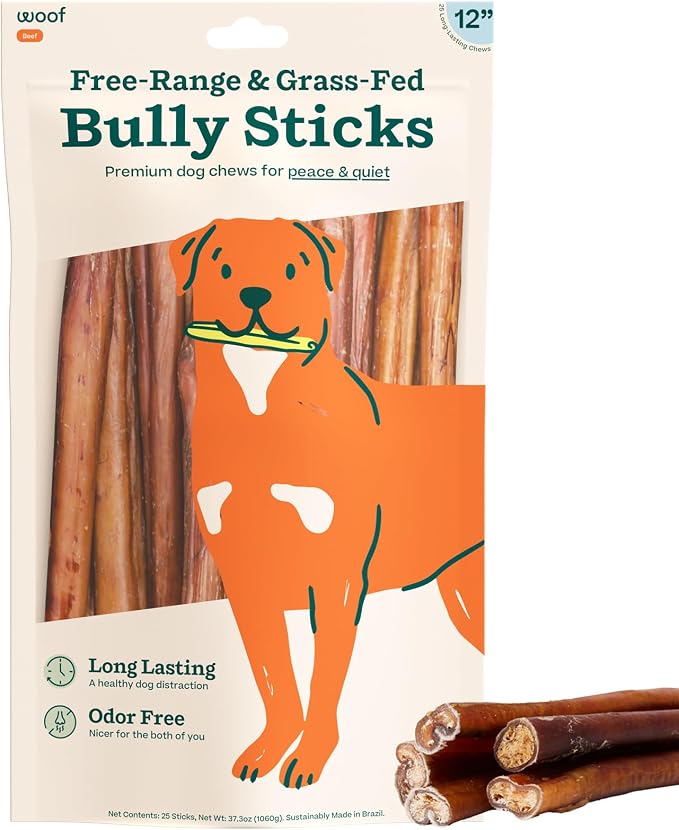 Bully Sticks Dog Treats - Chew Sticks for Dogs - Long-Lasting Dog Chew Treats - Made with Free-Range, Grass-Fed Beef- 12" Sticks - 25pk