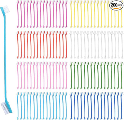 200Pcs Dog Toothbrushes, Dual Headed Dog Tooth Brush Bulk, Long Handle Plastic Pet Toothbrush for Large Small Dogs Cats Puppy Teeth Cleaning Dental Care Supplies 8 Colors