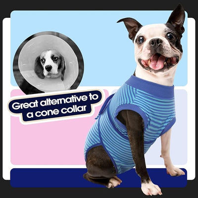 FUAMEY Recovery Suit for Dogs After Surgery,Soft Breathable Dog Bodysuit E-Collar & Cone Alternative Surgical Suit,Male Female Dog Neuter Spay Suits Anti Licking Wounds Onesie Navy Blue Strips S