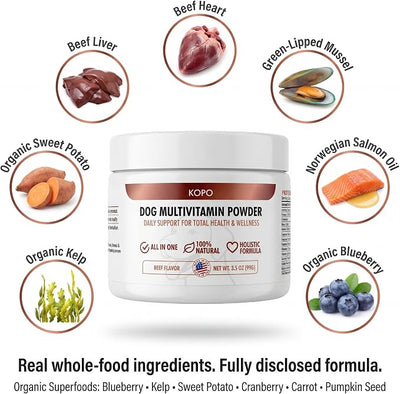 Kopo Dog Multivitamin Powder | Supports Heart, Daily Vitality, Immune Health, Digestion, Skin & Coat and Hip & Joint | for Puppy, Adult & Senior Dogs | Beef Liver Flavor | All Breeds Sizes