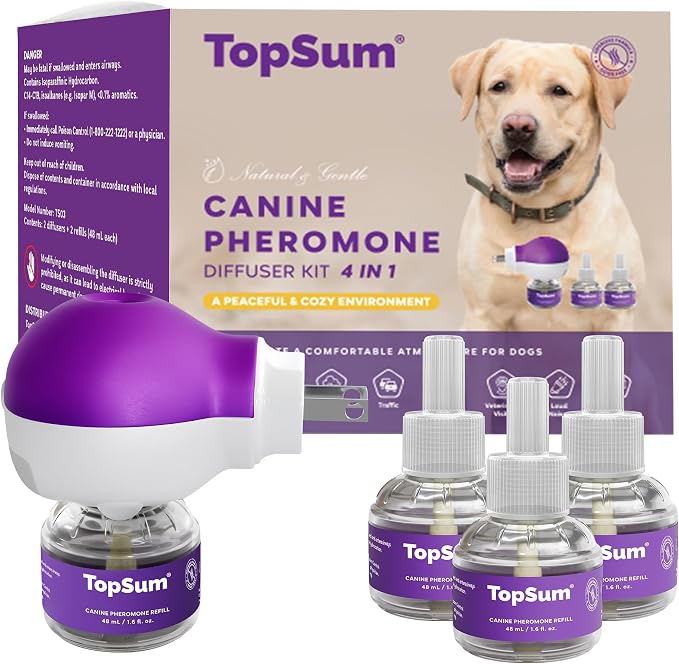 Calming Diffuser for Dog: Dog Pheromones Calming Diffuser Plug for Stress, Barking, Chewing, Pee Accidents & Separation Behaviors (Purple– 1 Diffuser+3 Refills)