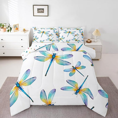 Erosebridal Boho Dragonfly Comforter Set Queen Size, Bohemian Insect Quilted Duvet For Kids Teens Adult Exotic Flying Dragonflies Down Comforter Blue Teal Duvet Insert Lightweight For Children Bedroom