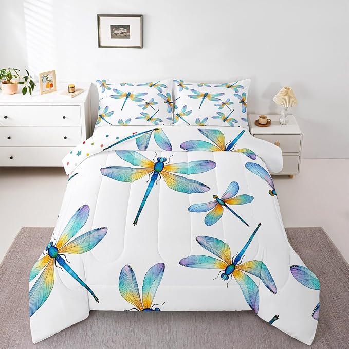 Erosebridal Boho Dragonfly Comforter Set Twin Size, Bohemian Insect Quilted Duvet for Kids Teens Adult Exotic Flying Dragonflies Down Comforter Blue Teal Duvet Insert Lightweight for Children Bedroom