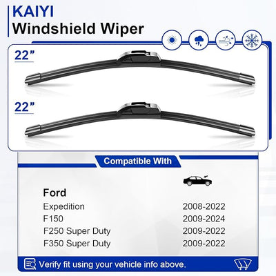 KAIYI 22" + 22" Windshield Wipers Compatible with Ford F150 2009-2024,F250/F350 Super Duty 2009-2022,Ford Expedition 2008-2022 Premium Automotive Replacement Windshield Wiper Blades 2 Pack