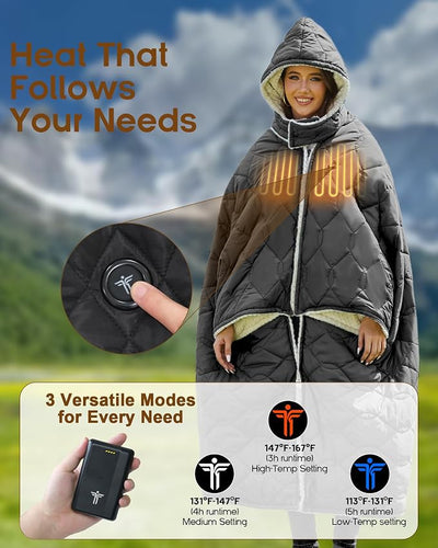 12V Battery Powered Heated Camping Quilt Blanket with Detachable Hood, Cordless Wearable Blanket with 15000 mAh Battery, Up to 167°F Temperature with Overheat Protection