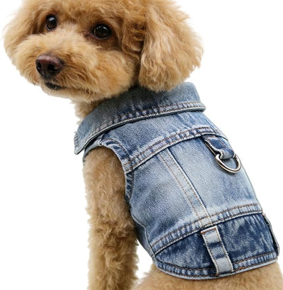 Dog Jeans Jacket for Small Dogs Boy, Puppy Denim Jacket with Leash D-Ring, Pet Cat Vest Clothes T-Shirts for Small Dogs, Puppy, Pugs, Chihuahuas, Yorkie,Teacup (Blue, XX-Large)