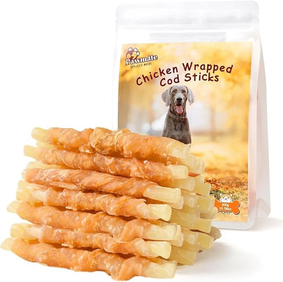 Pawmate Dog Treats Chicken Wrapped Cod Sticks, Natural Chicken Cod Jerky Treats Rich in Omega-3, High Protein Chewy Training Treats Dog Snacks for Small Medium Large Dogs, 15-17 Counts, 10.6 oz